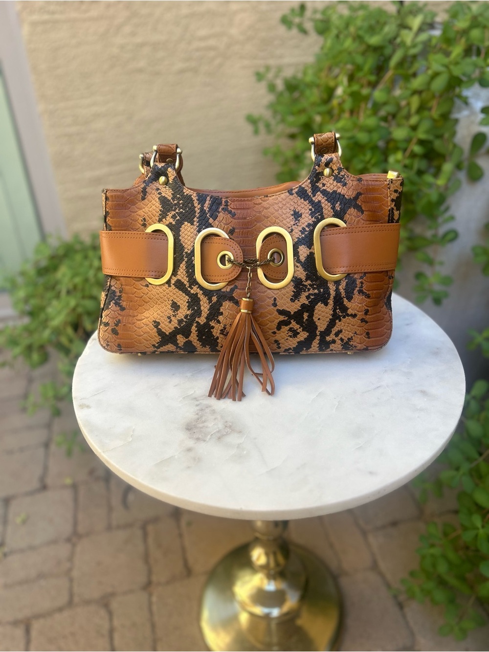 Charlie Lapson Embossed Snakeskin Belted Tassel Shoulder Bag